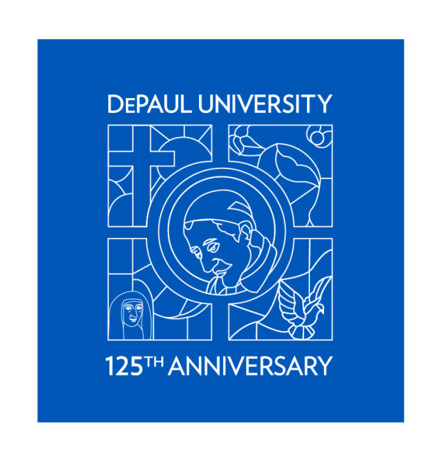 DePaul 125th logo square white animated