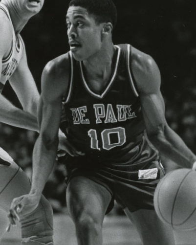 Action shot of Rod Strickland playing in a DePaul basketball game