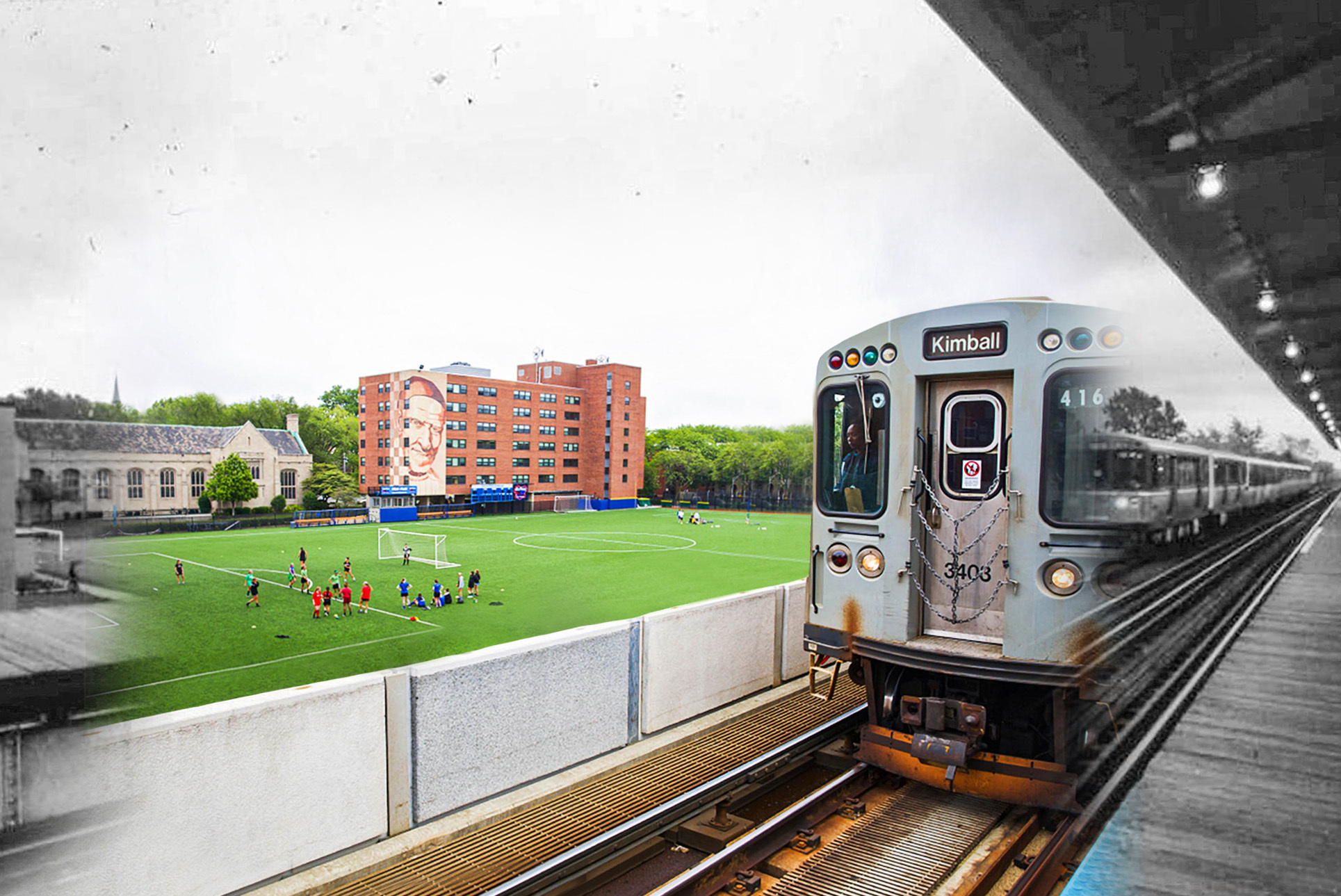 The Fullerton CTA Station is shown in 2022. A train is approaching the station with a brown sign on the top that reads “Kimball.” Behind the station is Wish field: a green soccer field with people in different colored shirts, a soccer goal, and soccer balls.
