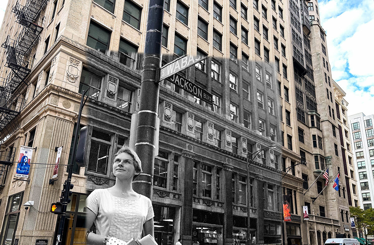 The Lewis Center is shown in 1959. The building is lined with windows and pillars. There is a metal pole in front of the building with rings around it and two signs adjacent to each other: one reads “Jackson Ave” and the other reads “Wabash.” A woman stands in front of the pole looking up, wearing a white top and polka-dotted gloves.